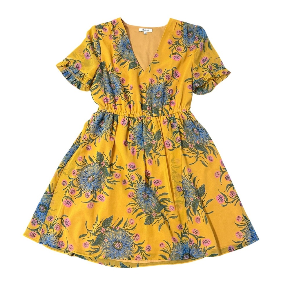 Madewell Dress Womens 6 Yellow Floral V-Neck Flutter Sleeve Elastic Waist Mini - Picture 2 of 10